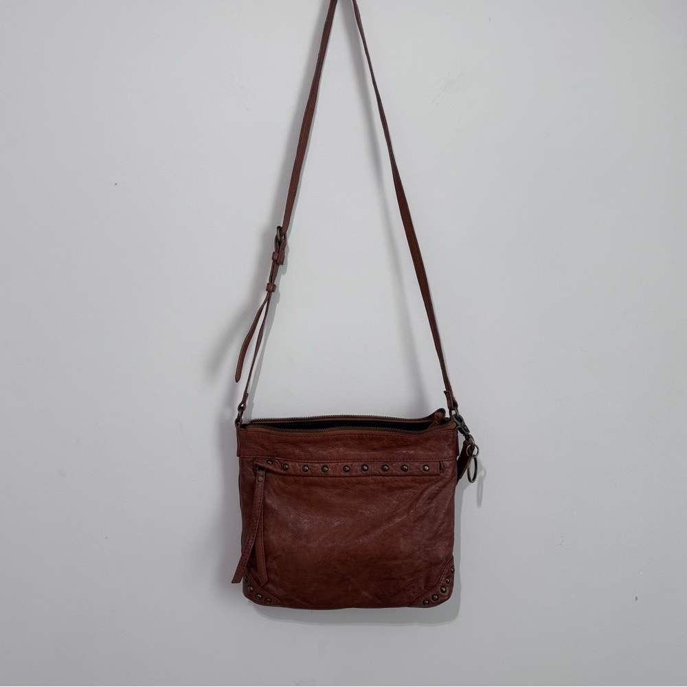 FRYE AND CO. Distressed Brown Leather Studded Crossbody